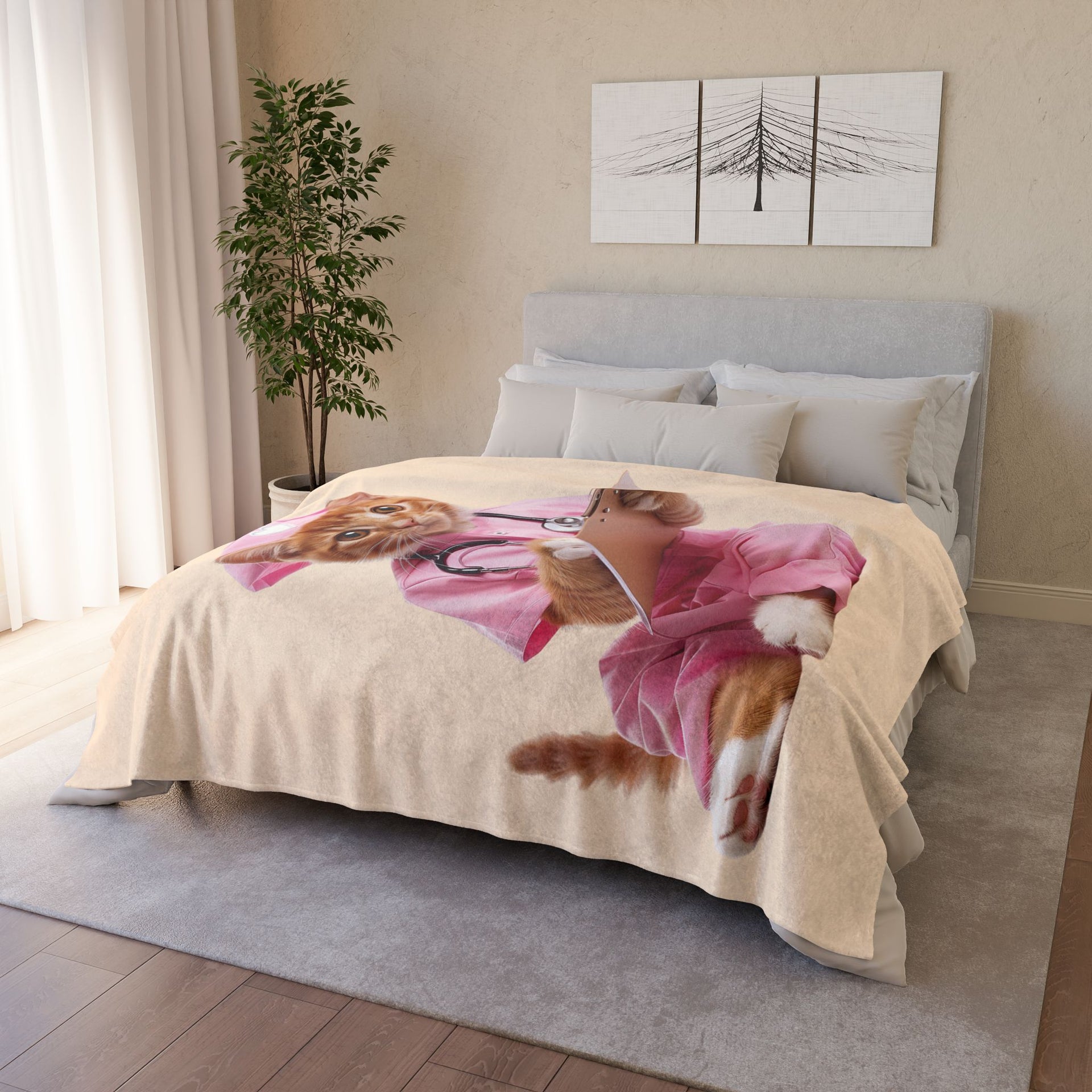 Bed with a decorative blanket featuring a cat in a pink outfit and stethoscope, in a bedroom setting.